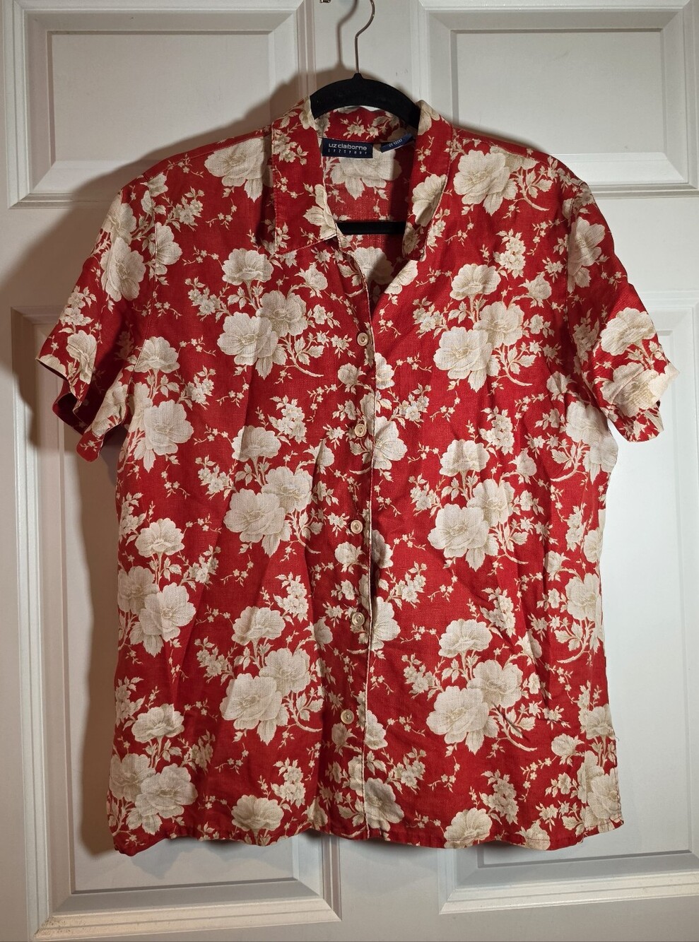 Liz Claiborne Vintage Red Floral Linen Button Up Shirt L